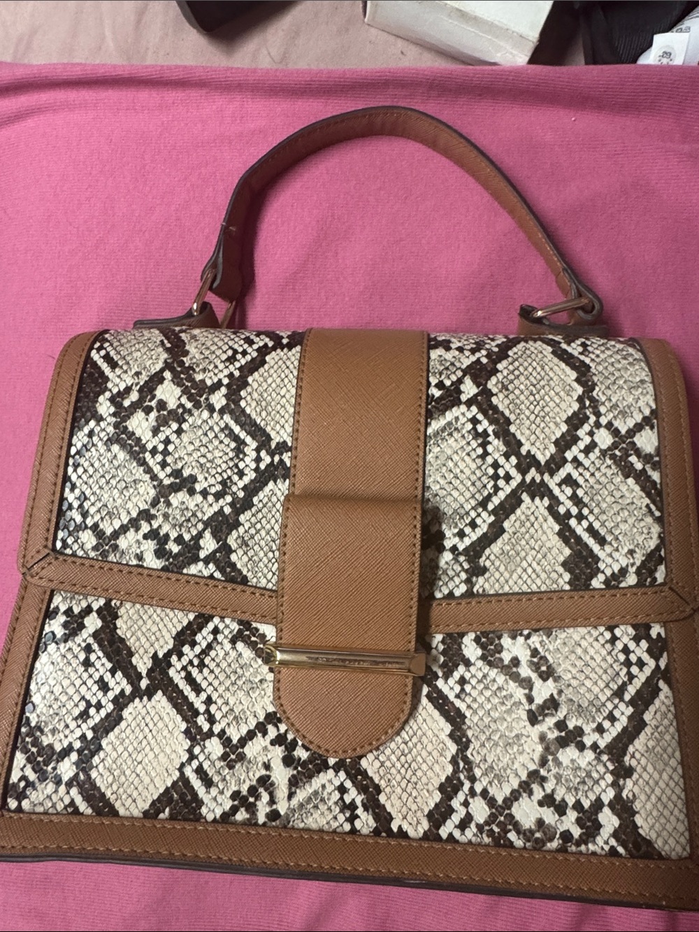 Aldo Brown and Cream Snake-Print Top Handle Satchel